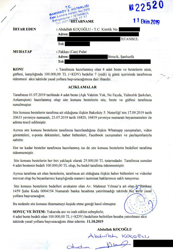 FAKKAS (CAN) PULAT'A NOTER KANALI İLE ÇEKTİĞİM RESMİ İHTARNAME - 2