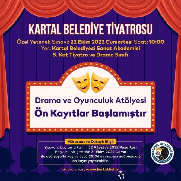 Kartal Belediye Tiyatrosu Drama ve Oyunculuk Atölyesi Ön Kayıtları Başladı