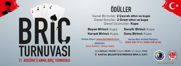 Atatürk'ü Anma Briç Turnuvası 4 Aralık'ta Kartal'da Yapılacak